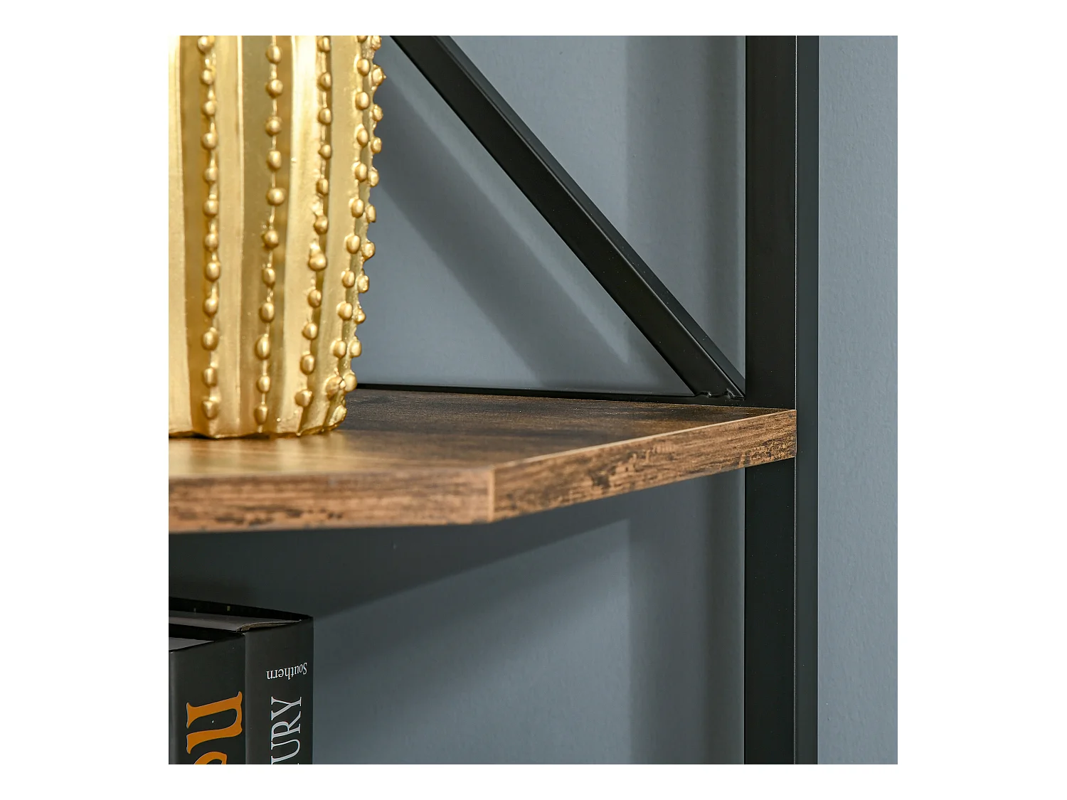 Libreria angolare industriale a 7 livelli in legno e acciaio marrone