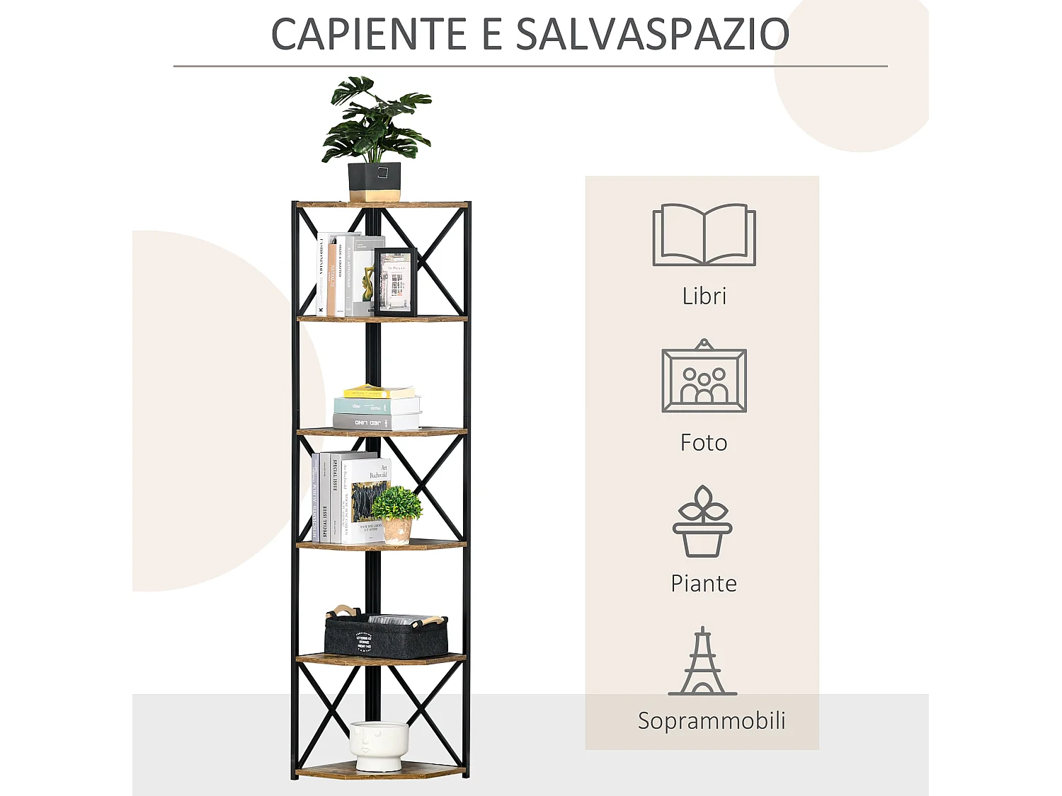 Libreria angolare industriale a 7 livelli in legno e acciaio marrone