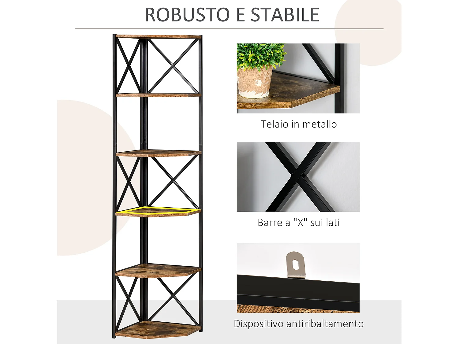 Libreria angolare industriale a 7 livelli in legno e acciaio marrone