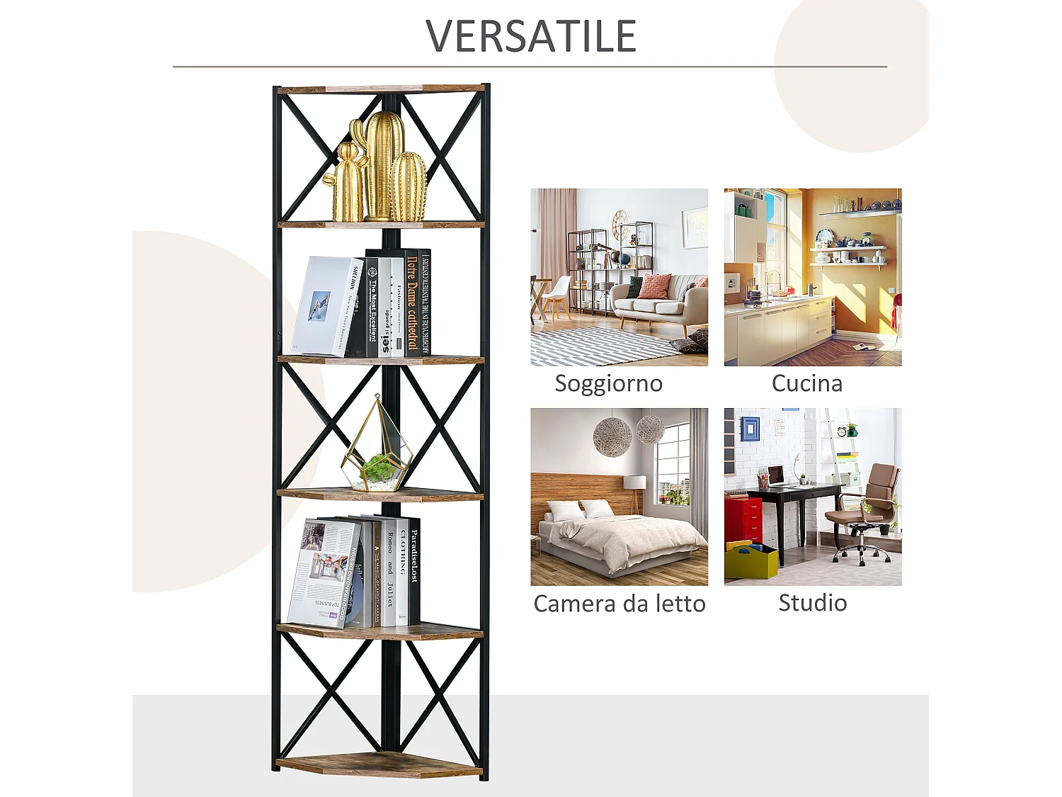 Libreria angolare industriale a 7 livelli in legno e acciaio marrone