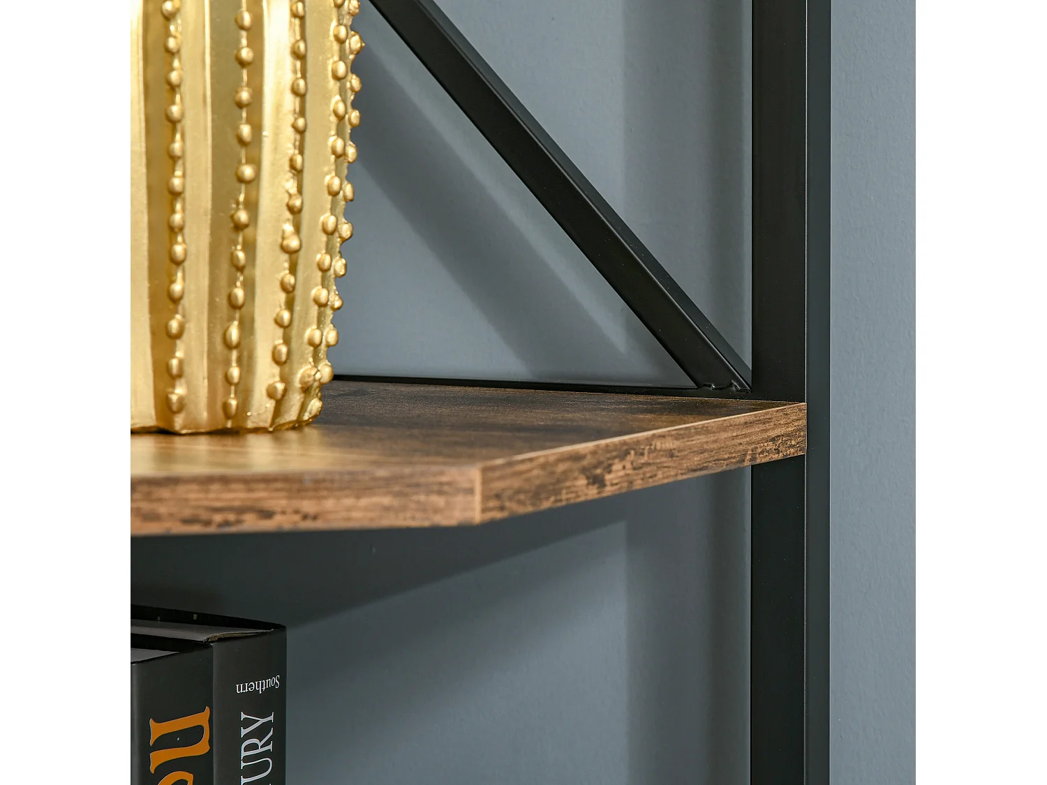 Libreria angolare industriale a 7 livelli in legno e acciaio marrone