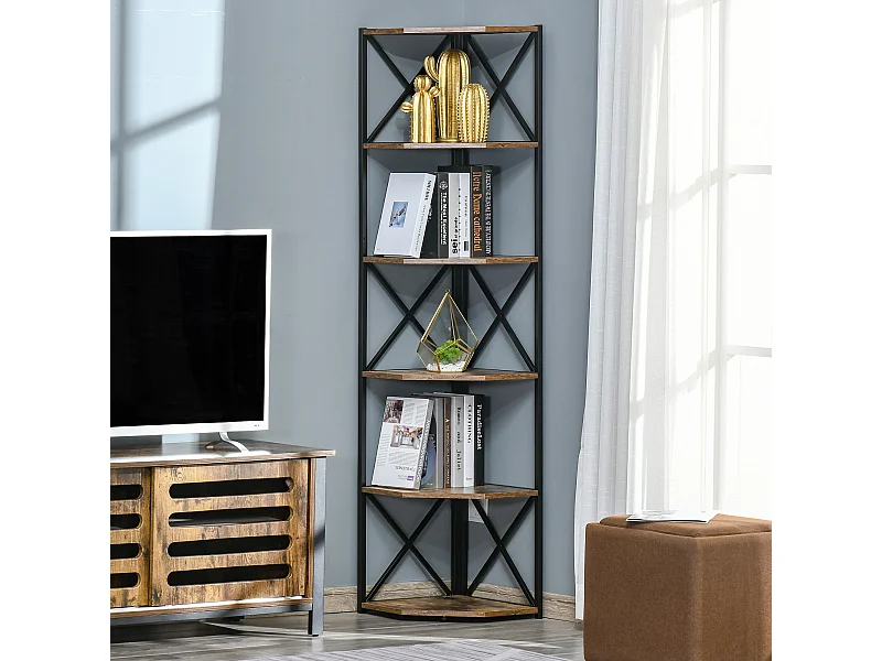 Libreria angolare industriale a 7 livelli in legno e acciaio marrone