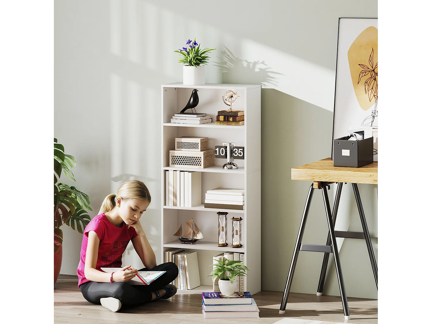 Libreria stile industriale con 4 ripiani e 2 armadietti