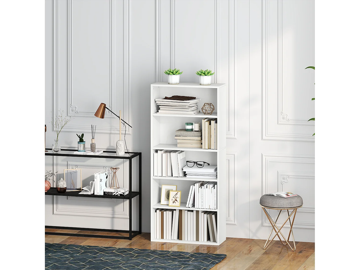 Libreria stile industriale con 4 ripiani e 2 armadietti