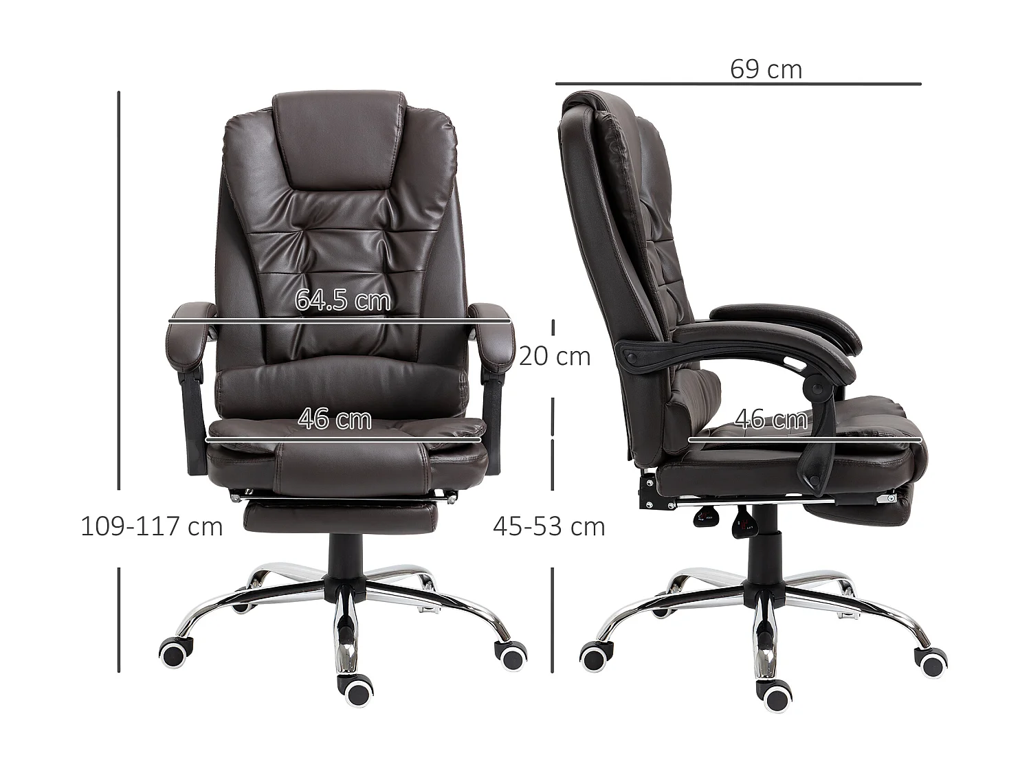 Poltrona da ufficio con schienale reclinabile e poggiapiedi caffè