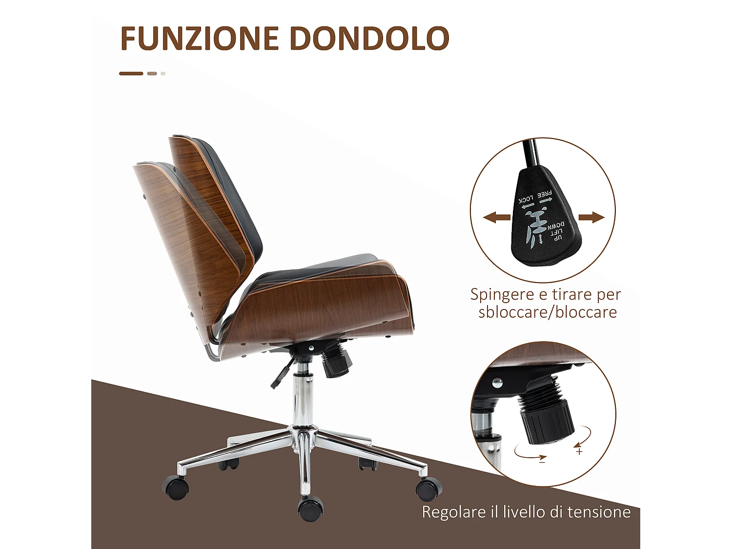 Sedia da ufficio vintage imbottita e regolabile nera e marrone scuro