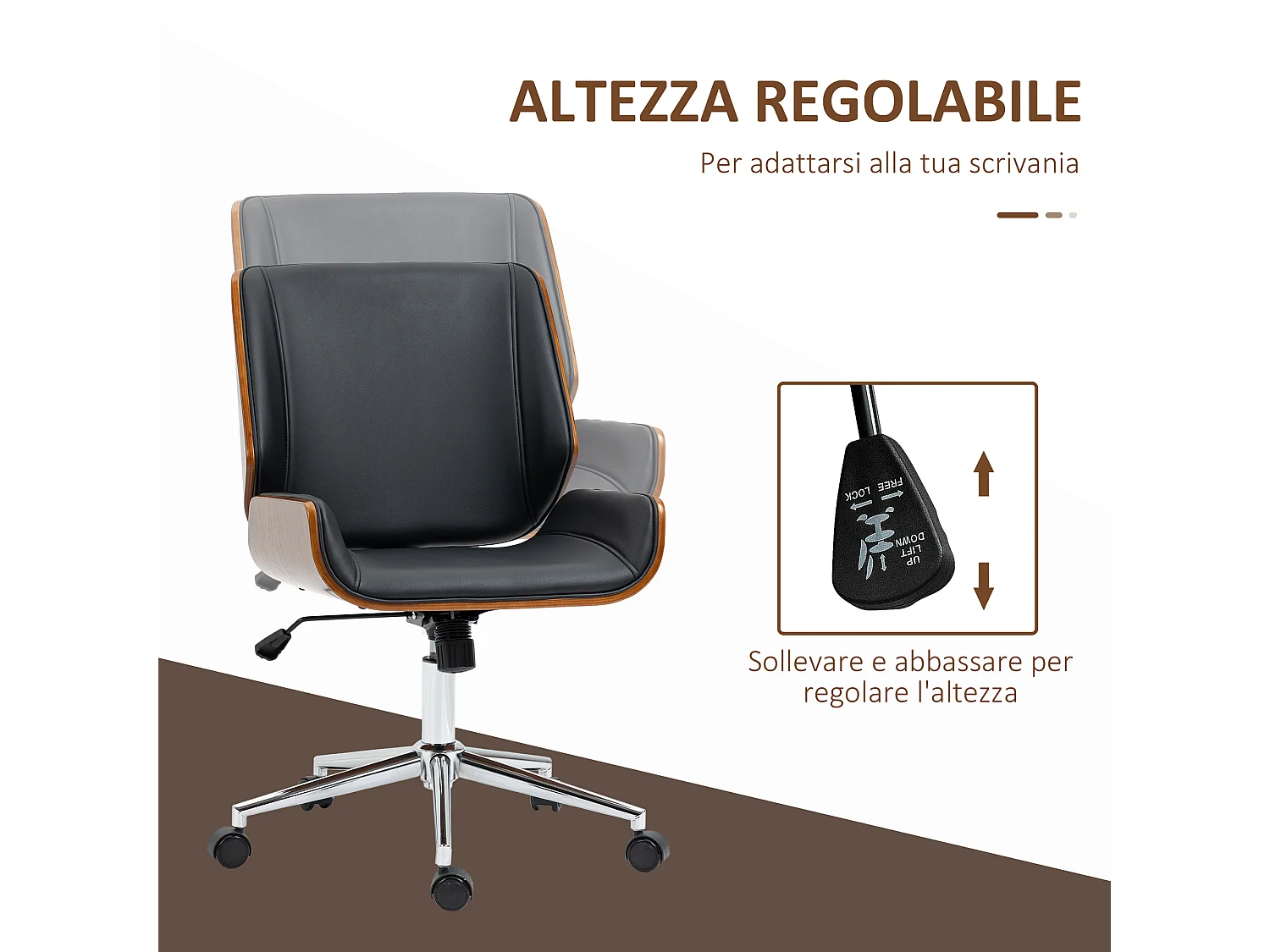 Sedia da ufficio vintage imbottita e regolabile nera e marrone scuro