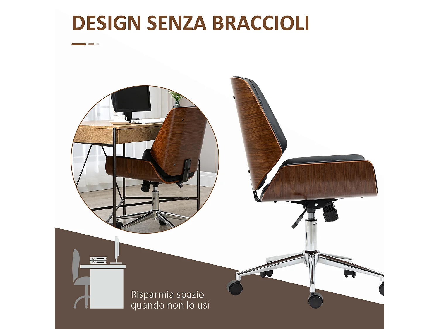 Sedia da ufficio vintage imbottita e regolabile nera e marrone scuro