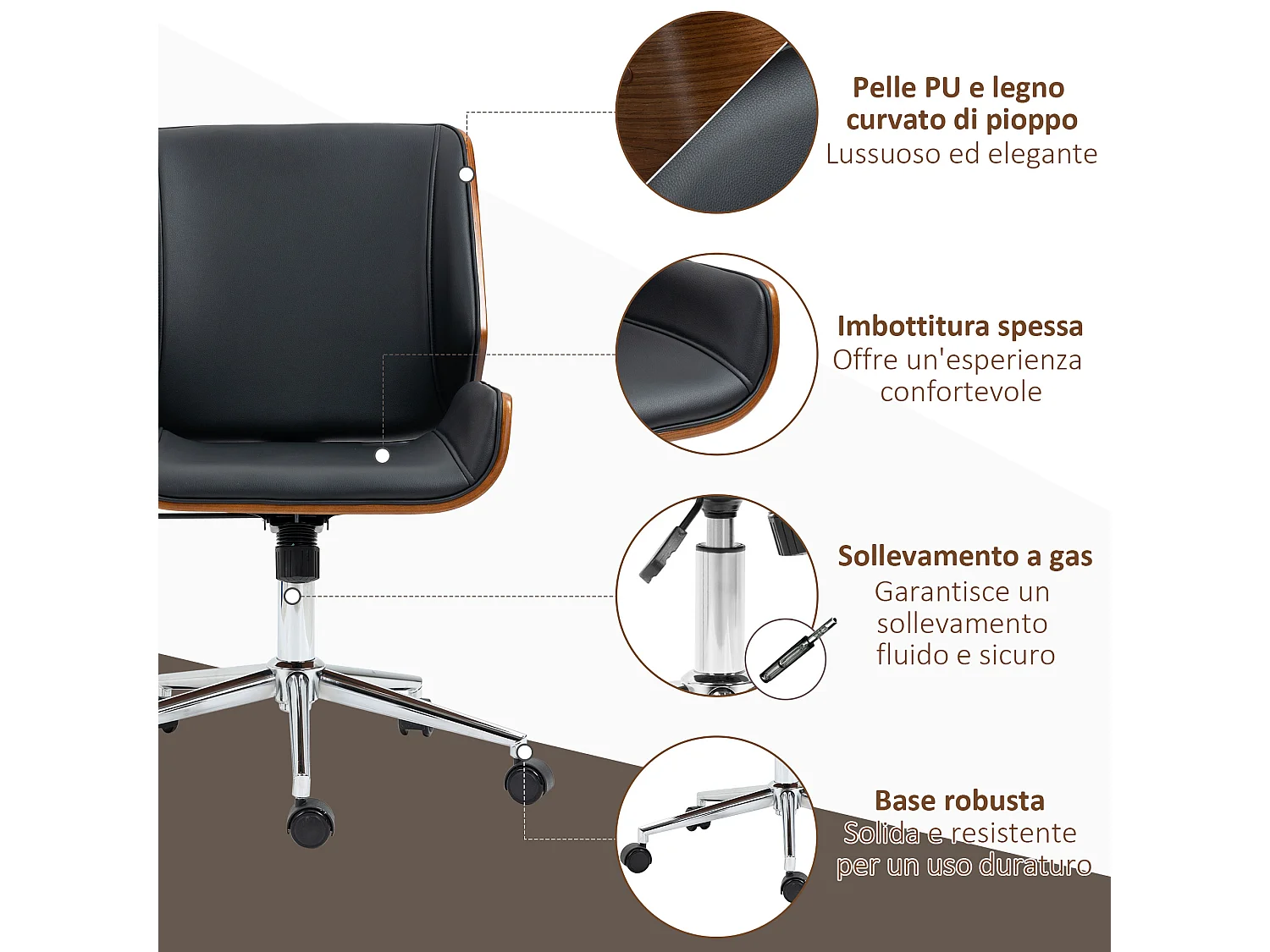 Sedia da ufficio vintage imbottita e regolabile nera e marrone scuro