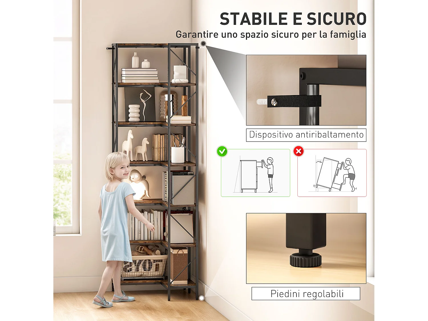 Libreria moderna 8 ripiani in legno casa e ufficio 70x24x178cm