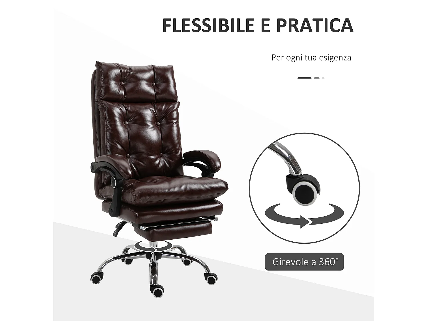 Poltrona da ufficio con schienale reclinabile in finta pelle marrone