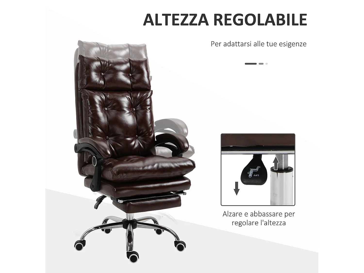 Poltrona da ufficio con schienale reclinabile in finta pelle marrone