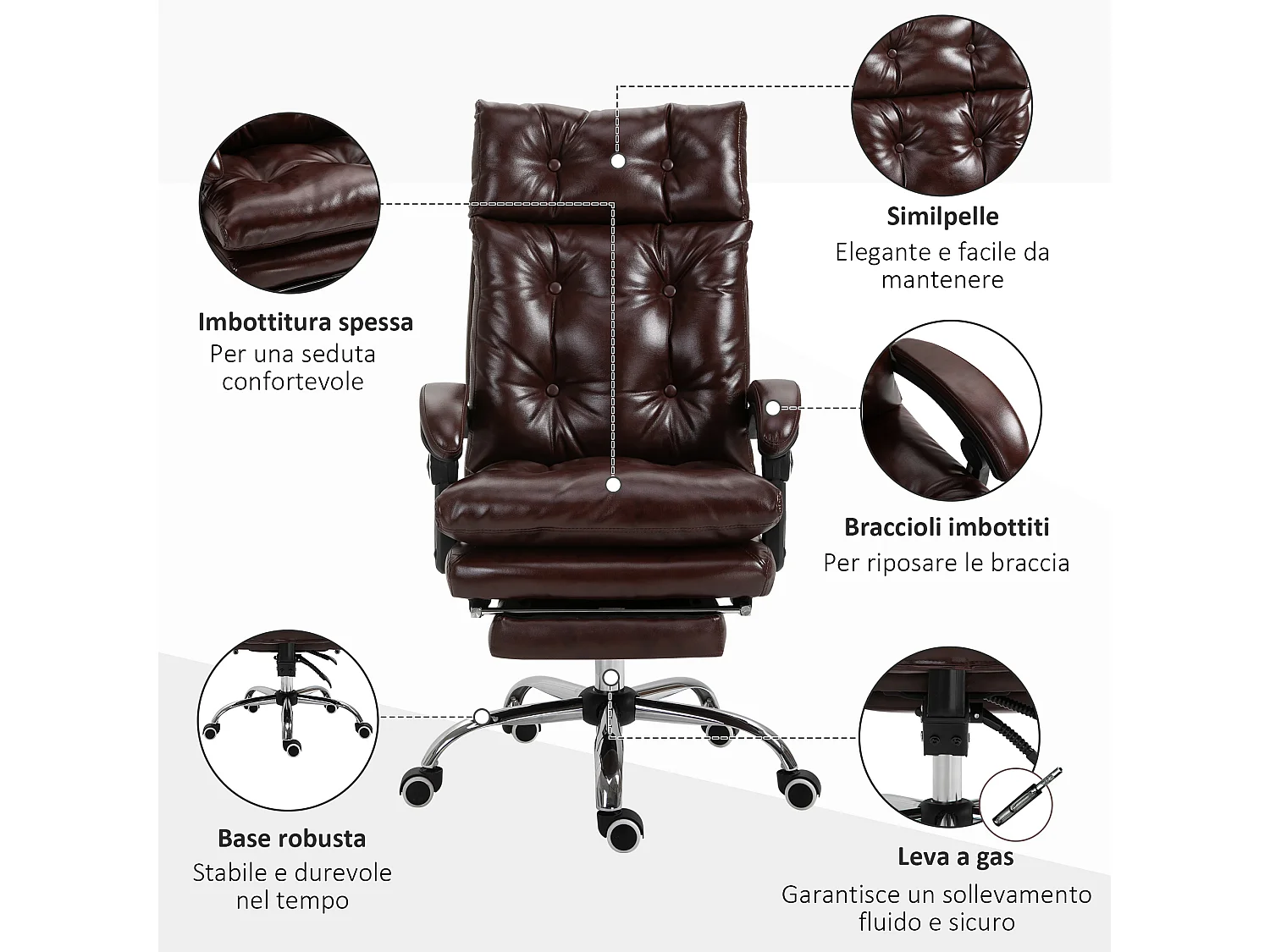Poltrona da ufficio con schienale reclinabile in finta pelle marrone