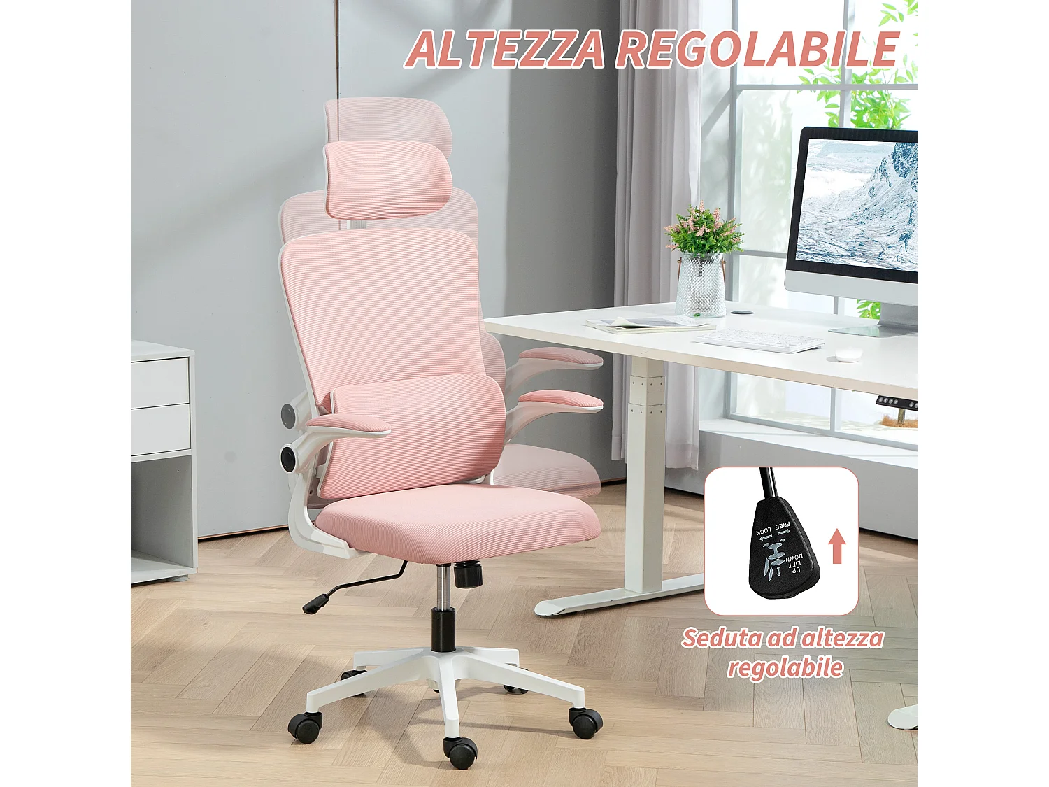 Sedia da ufficio ergonomica con poggiatesta rimovibile rosa