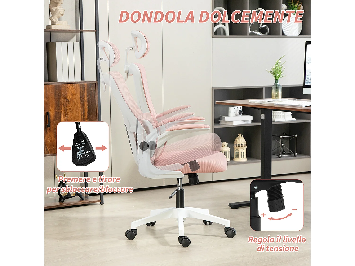 Sedia da ufficio ergonomica con poggiatesta rimovibile rosa