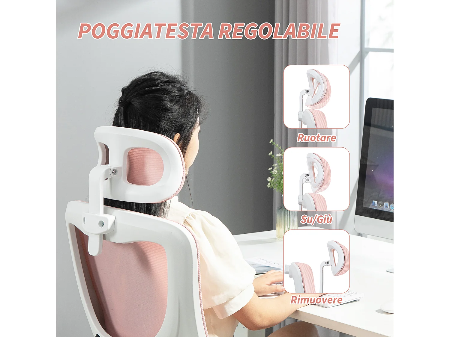 Sedia da ufficio ergonomica con poggiatesta rimovibile rosa