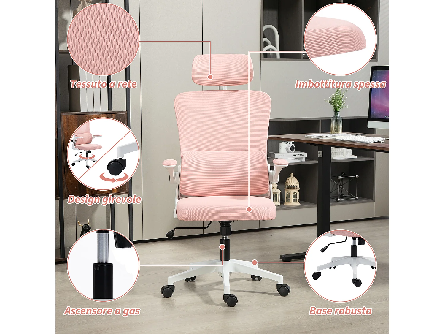 Sedia da ufficio ergonomica con poggiatesta rimovibile rosa