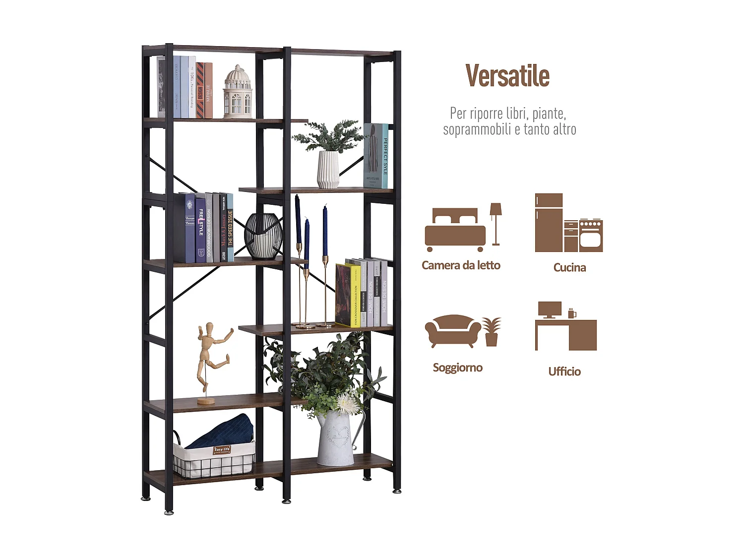 Mobile libreria a 5 ripiani in truciolato bianco e nero 60x24x184.5 cm