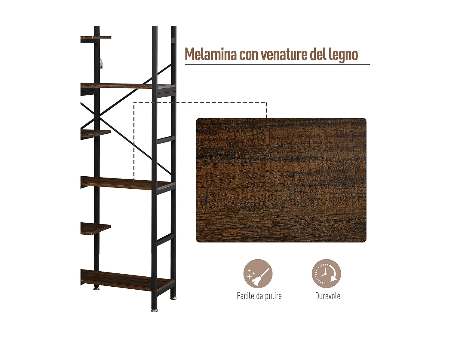 Mobile libreria a 5 ripiani in truciolato bianco e nero 60x24x184.5 cm