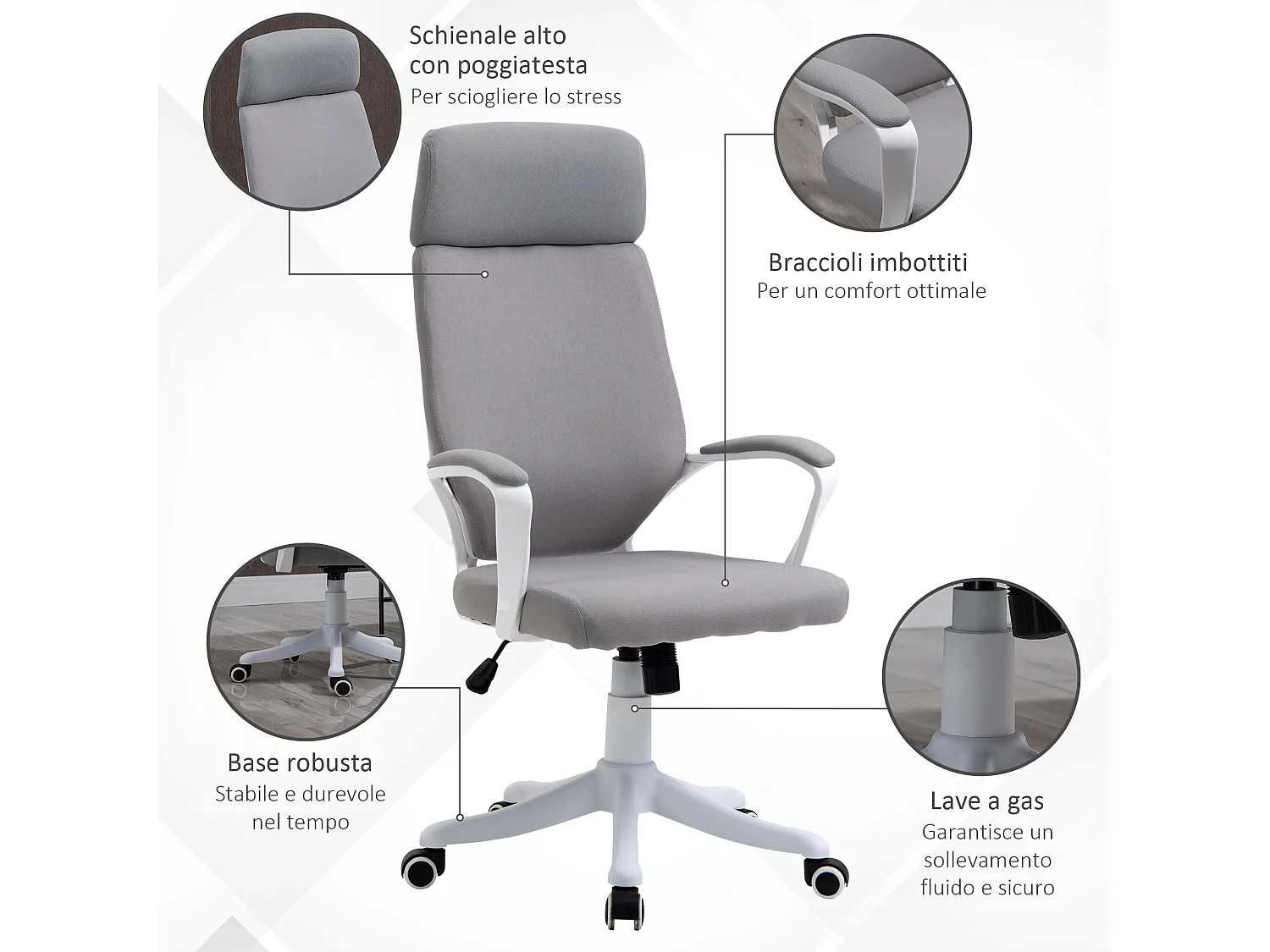 Sedia ergonomica con poggiatesta altezza regolabile e dondolo