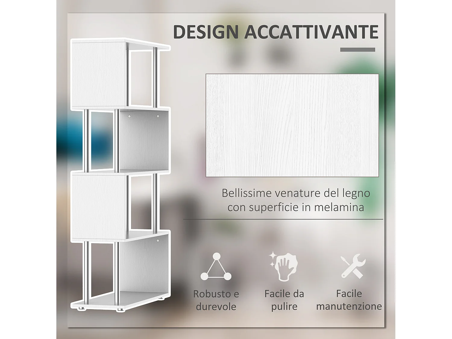 Mobile libreria a 8 ripiani in truciolato 100x27x124cm rovere e bianco