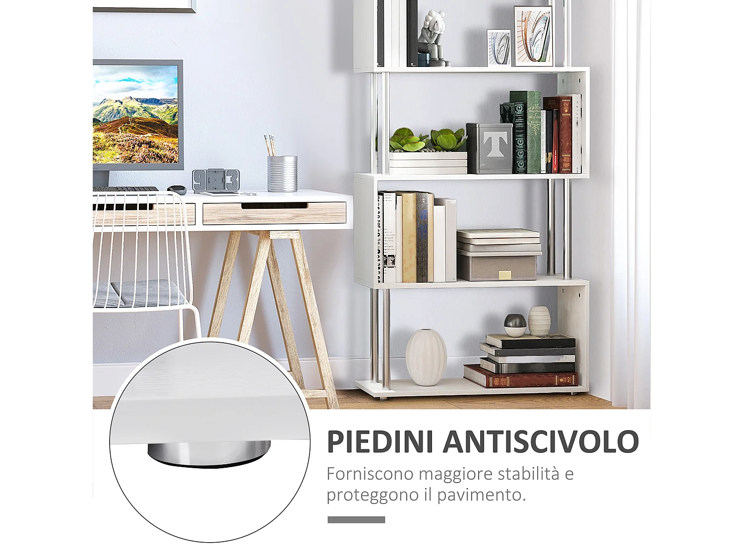 Mobile libreria a 8 ripiani in truciolato 100x27x124cm rovere e bianco