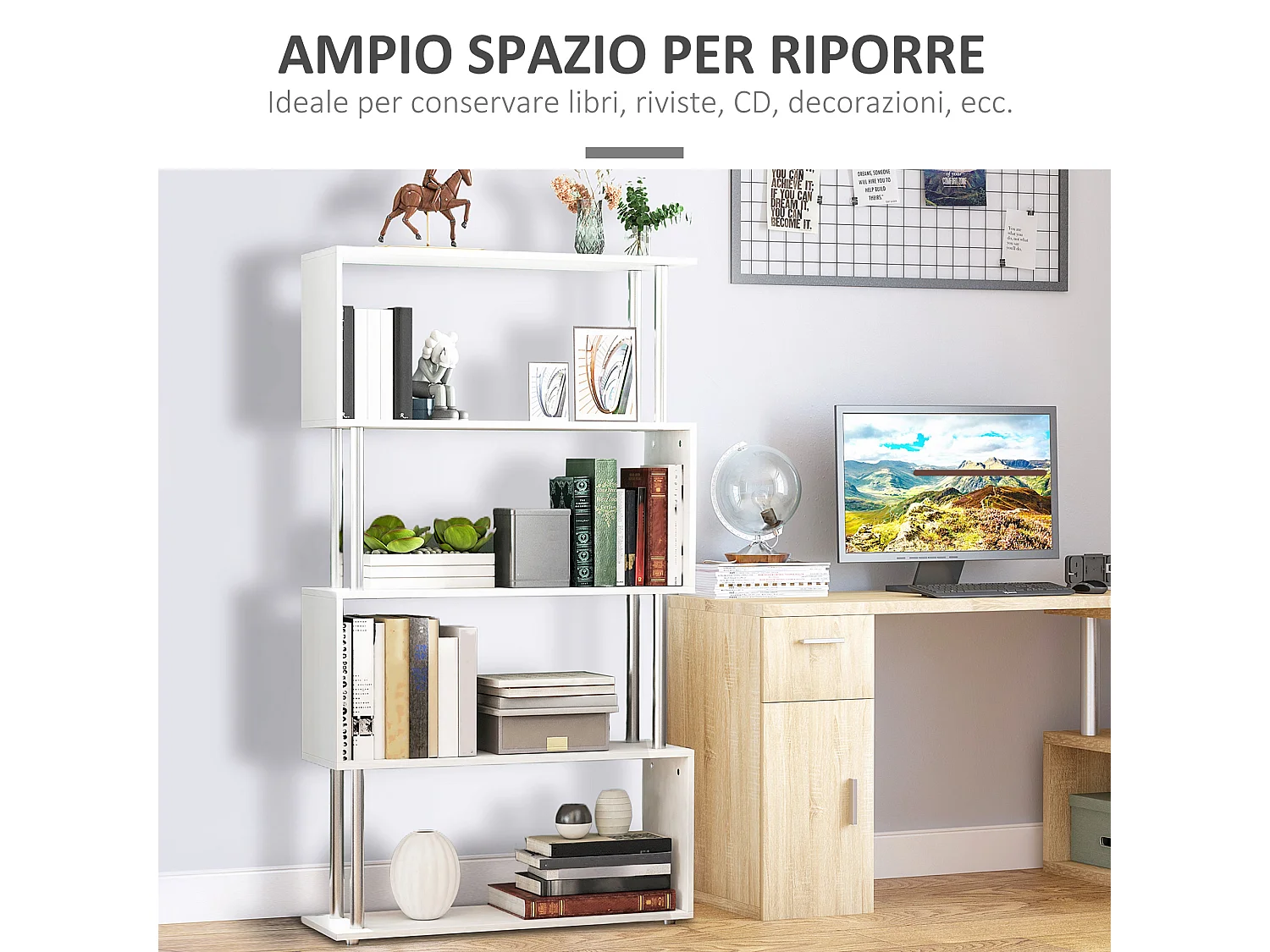 Mobile libreria a 8 ripiani in truciolato 100x27x124cm rovere e bianco