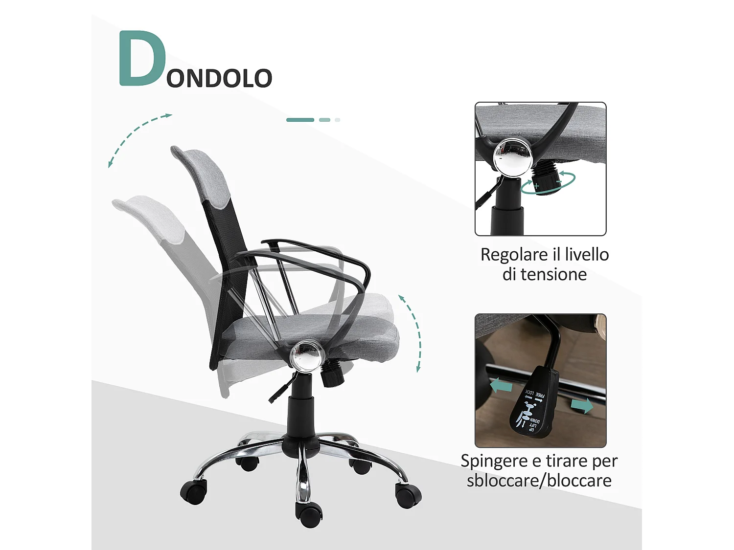 Poltrona da ufficio in tessuto grigio girevole ed ergonomica