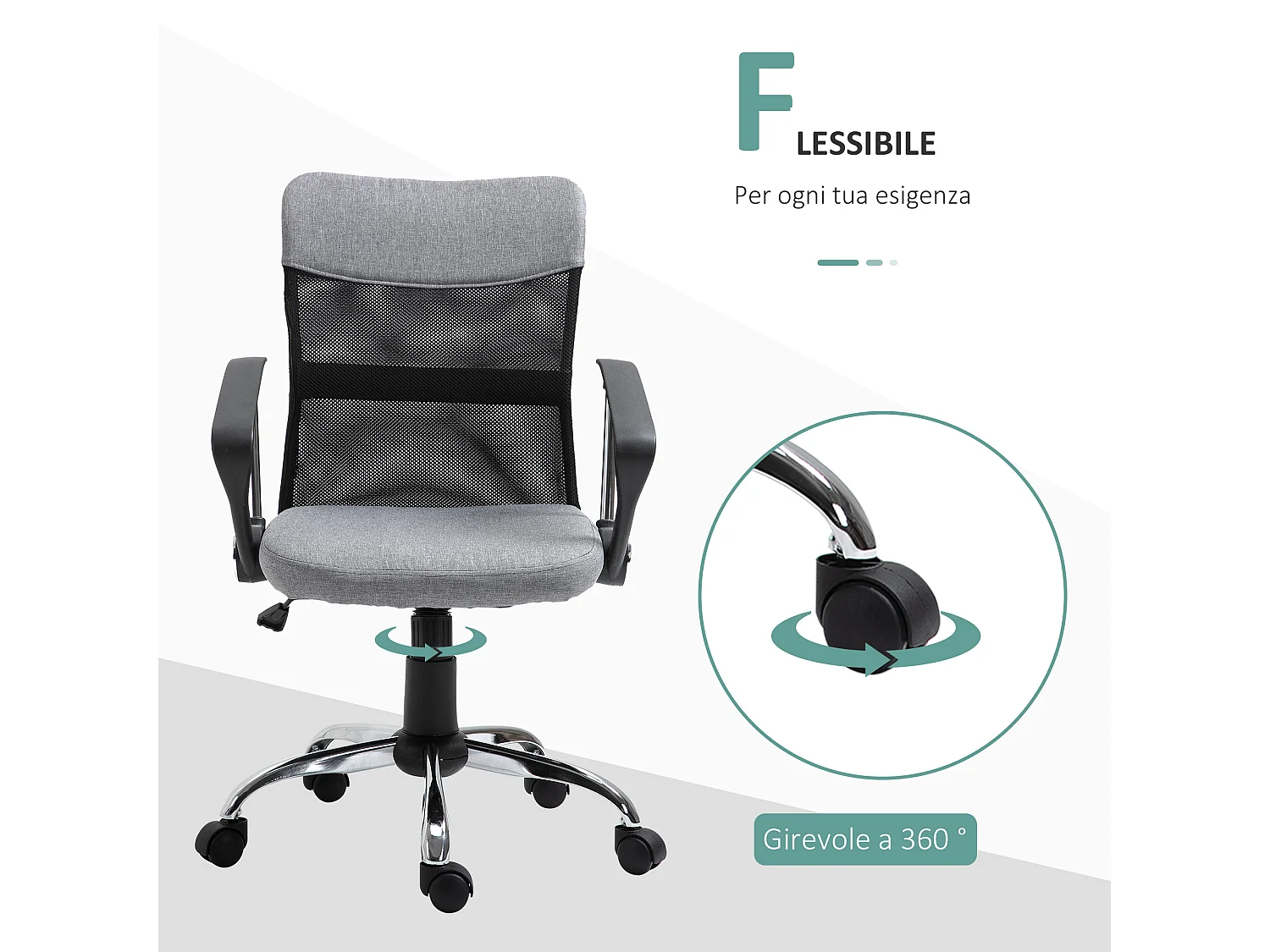 Poltrona da ufficio in tessuto grigio girevole ed ergonomica