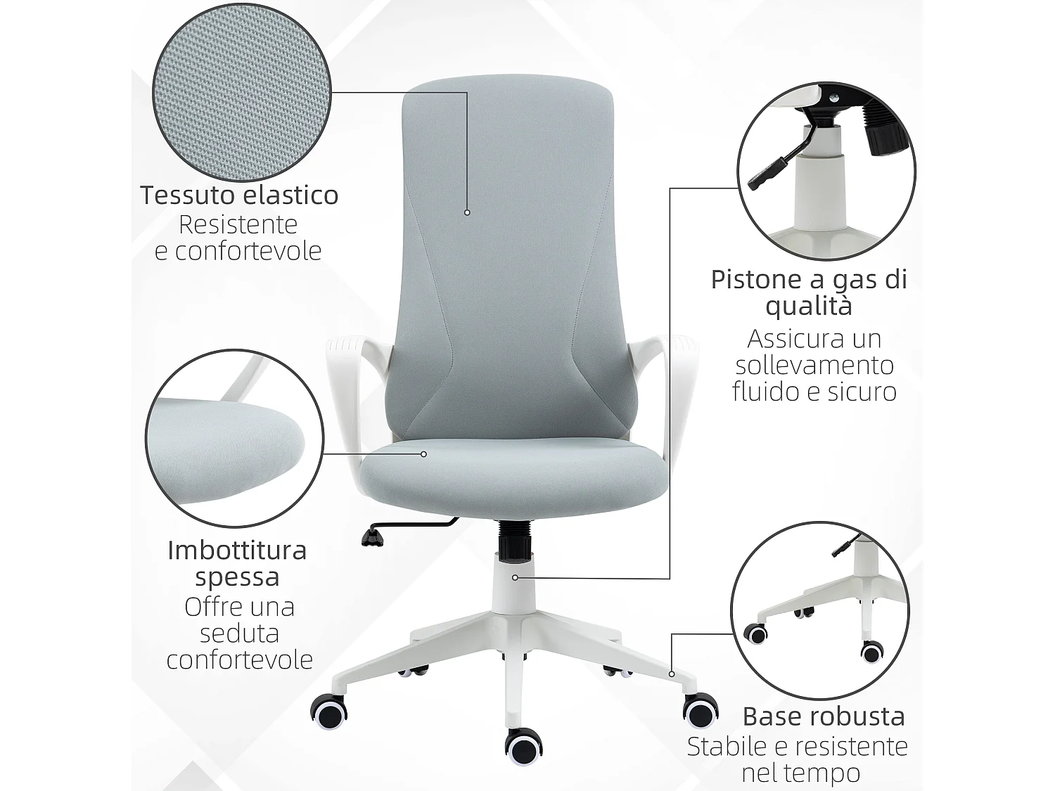 Sedia da ufficio con altezza regolabile e ruote girevoli grigio chiaro