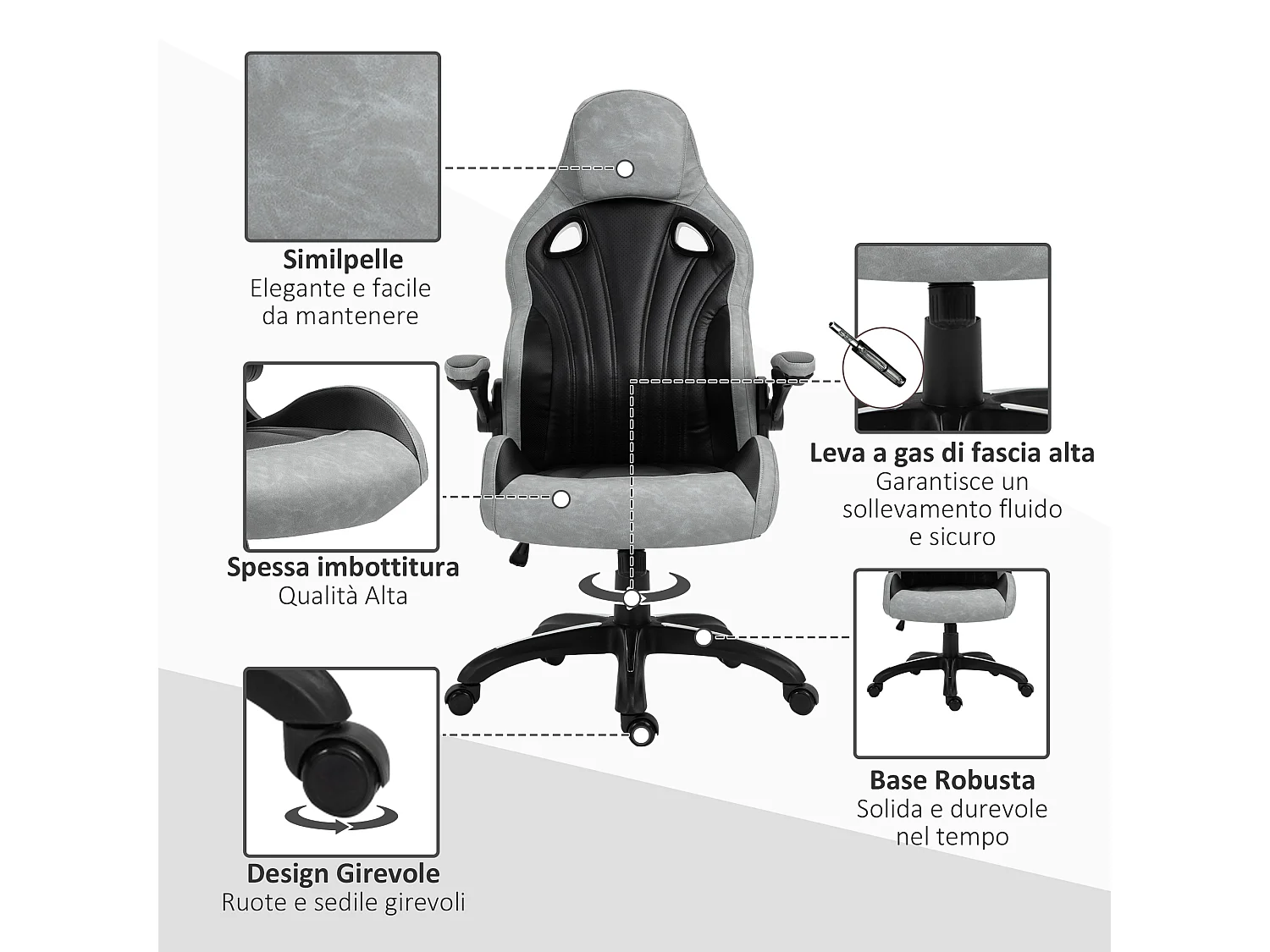 Sedia gaming da ufficio con altezza regolabile in pu grigio