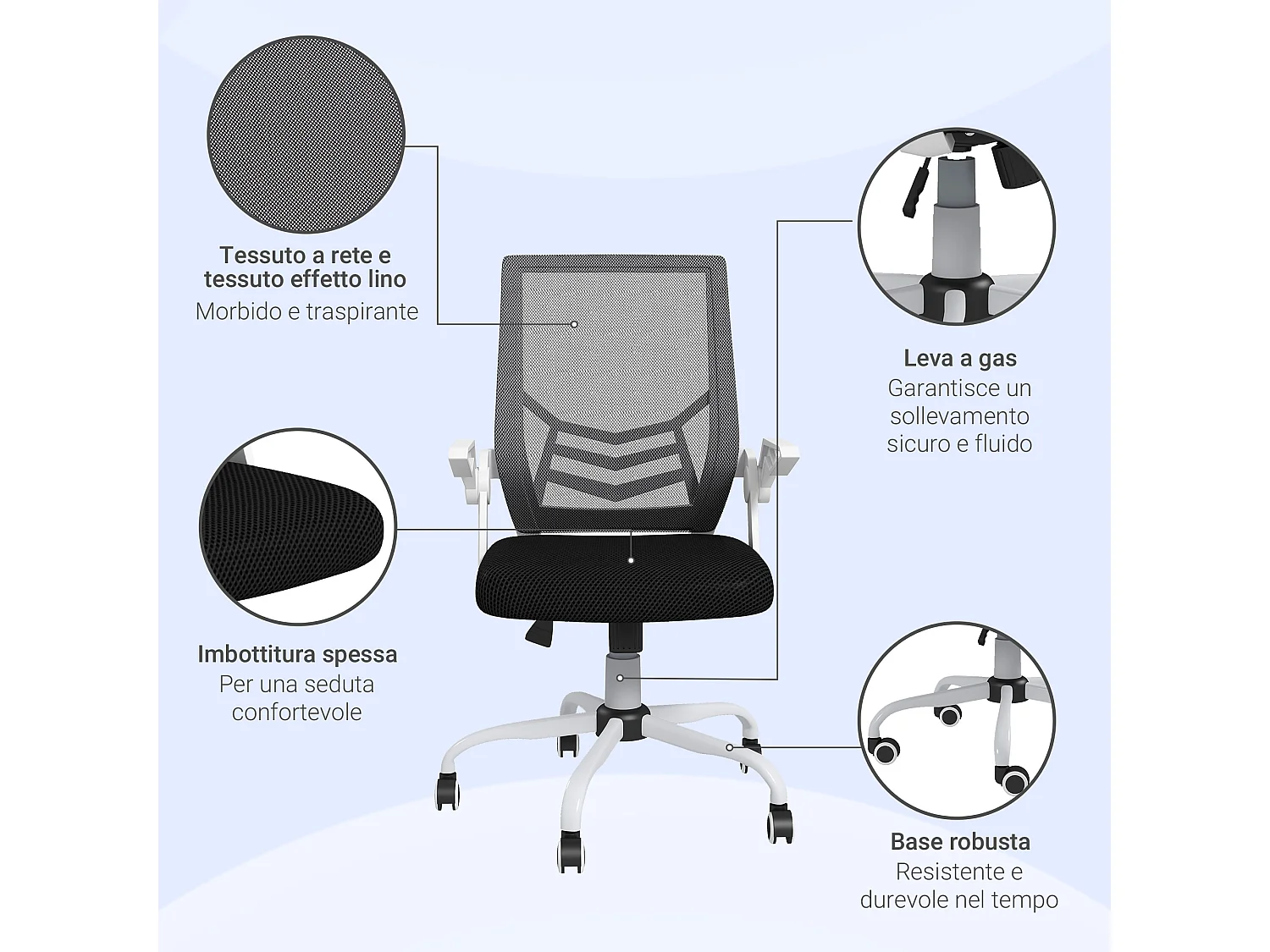 Sedia da ufficio ergonomica ad altezza regolabile bianca e nera
