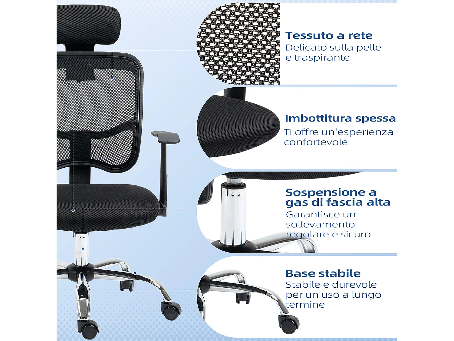 Sedia da ufficio ergonomica e regolabile con poggiatesta nero