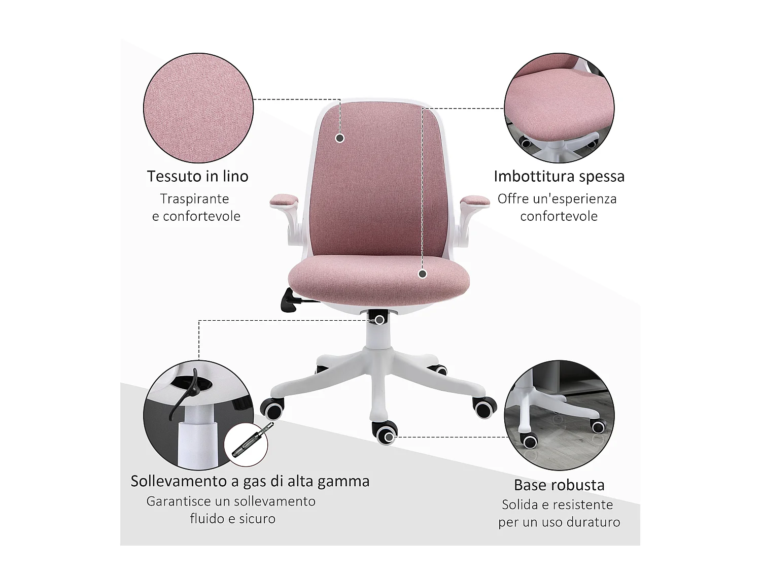 Sedia da ufficio ergonomica ad altezza regolabile bianca e rosa