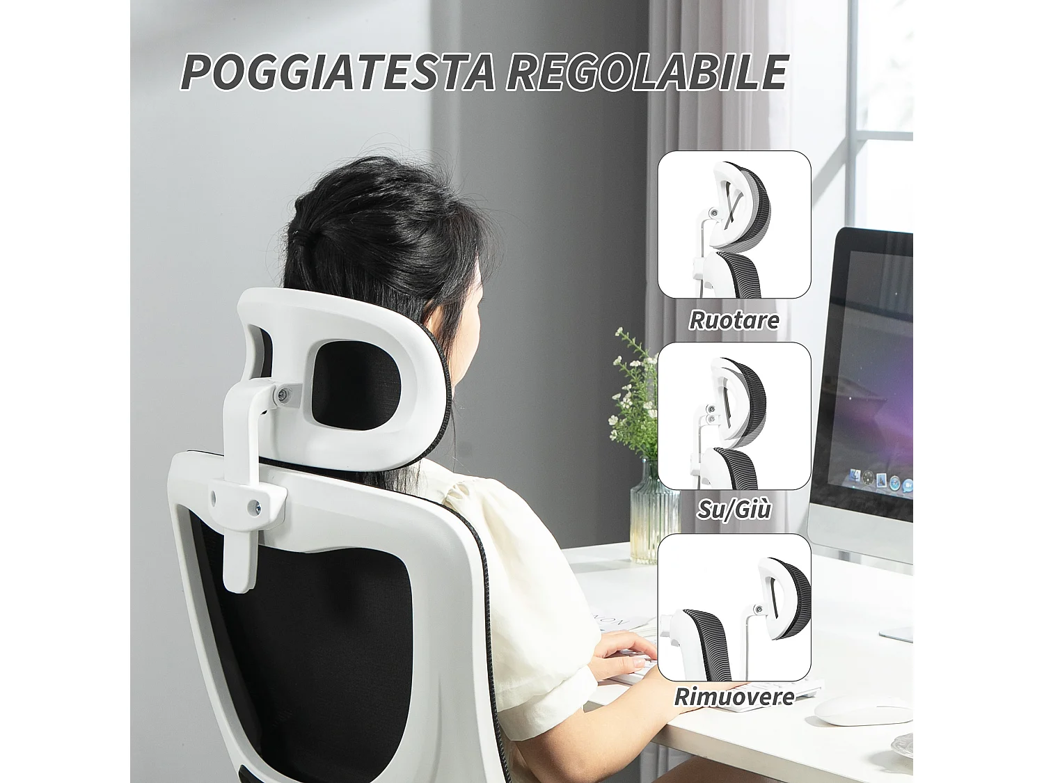 Sedia da ufficio ergonomica con poggiatesta rimovibile nero