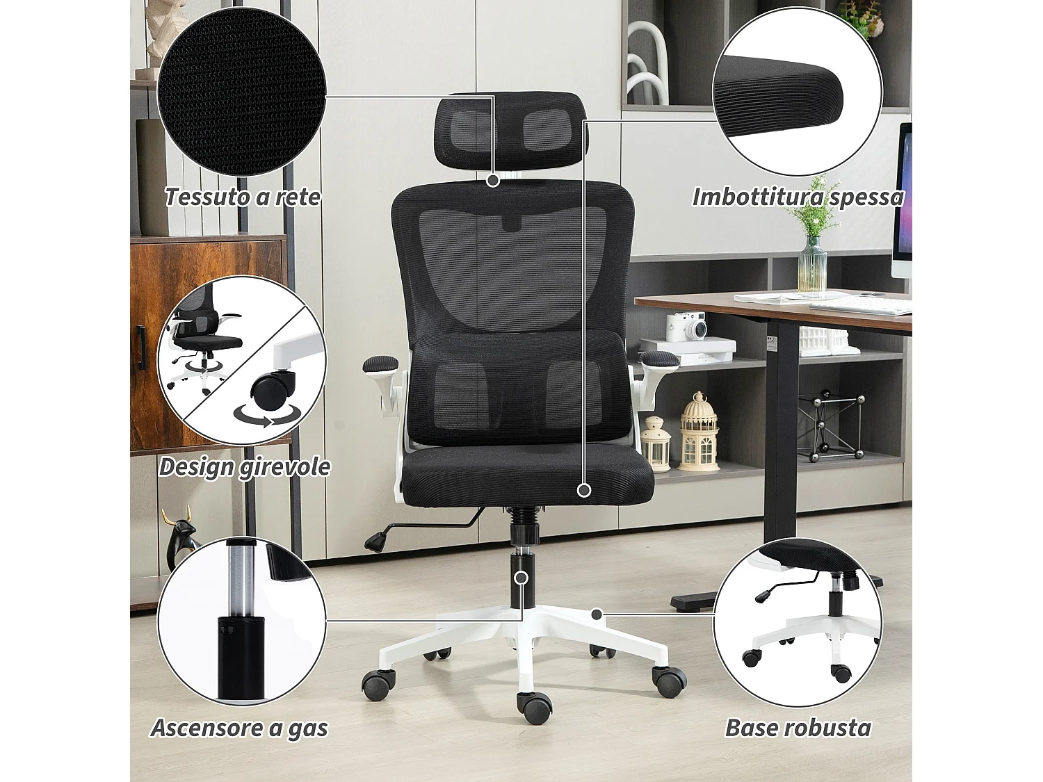 Sedia da ufficio ergonomica con poggiatesta rimovibile nero