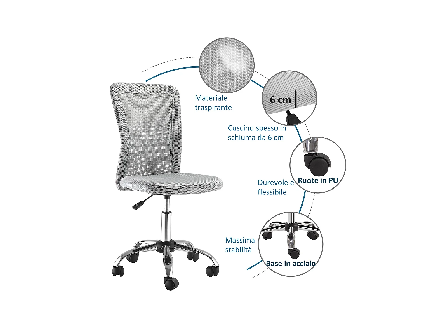 Sedia da ufficio senza braccioli ergonomica in tessuto a rete grigio