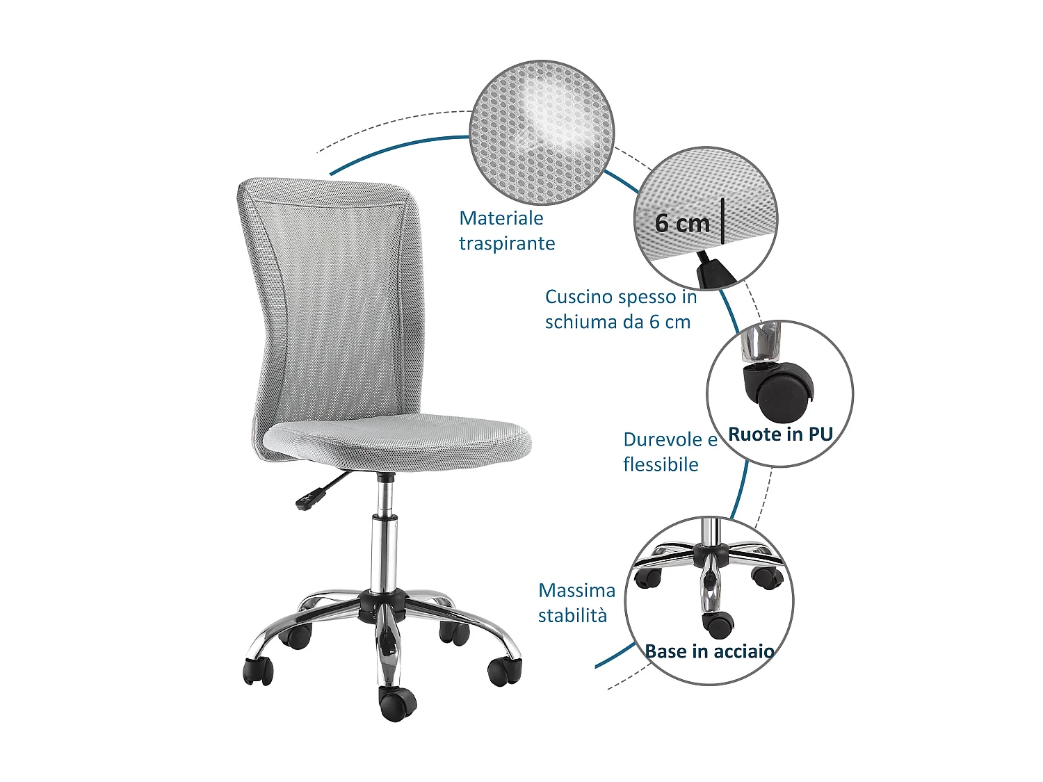 Sedia da ufficio senza braccioli ergonomica in tessuto a rete grigio