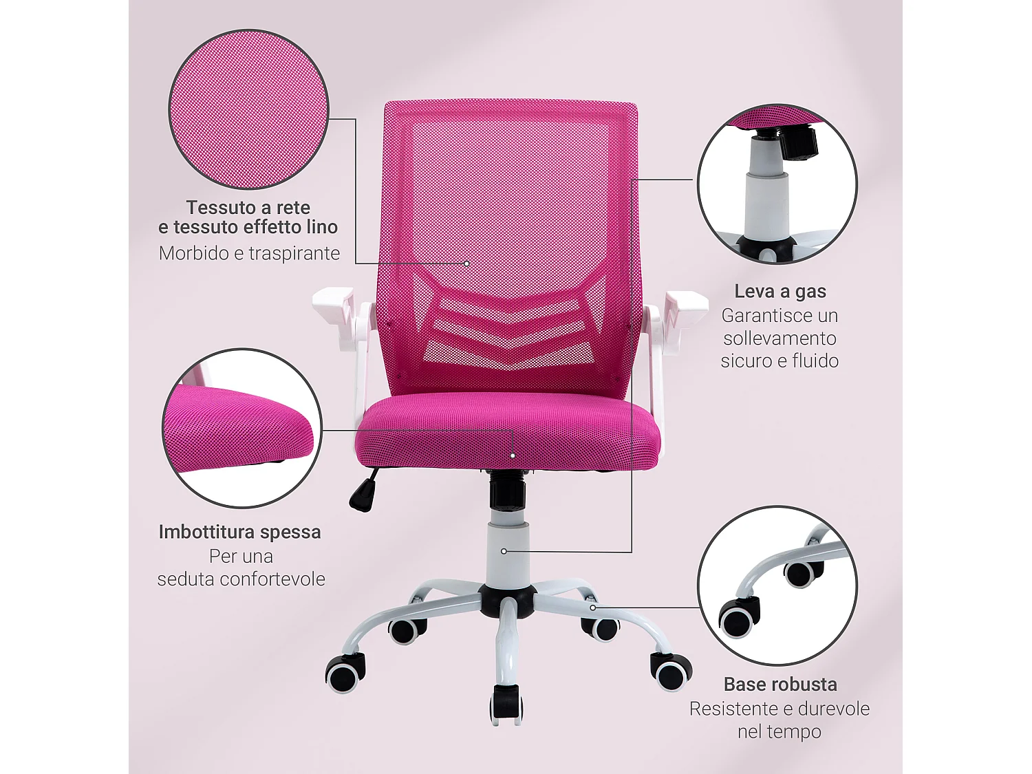 Sedia da ufficio ergonomica supporto lombare in tessuto rosa