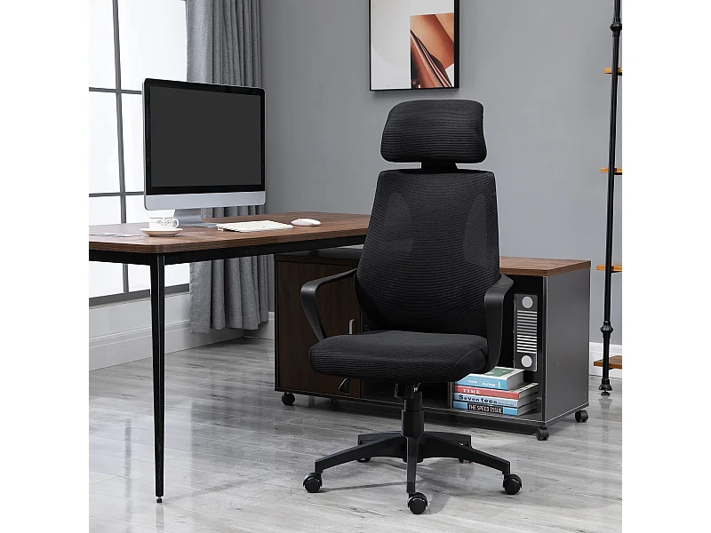 Sedia da ufficio reclinabile con poggiatesta e supporto lombare nero