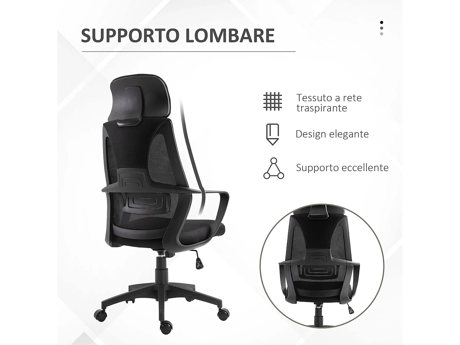 Sedia da ufficio reclinabile con poggiatesta e supporto lombare nero