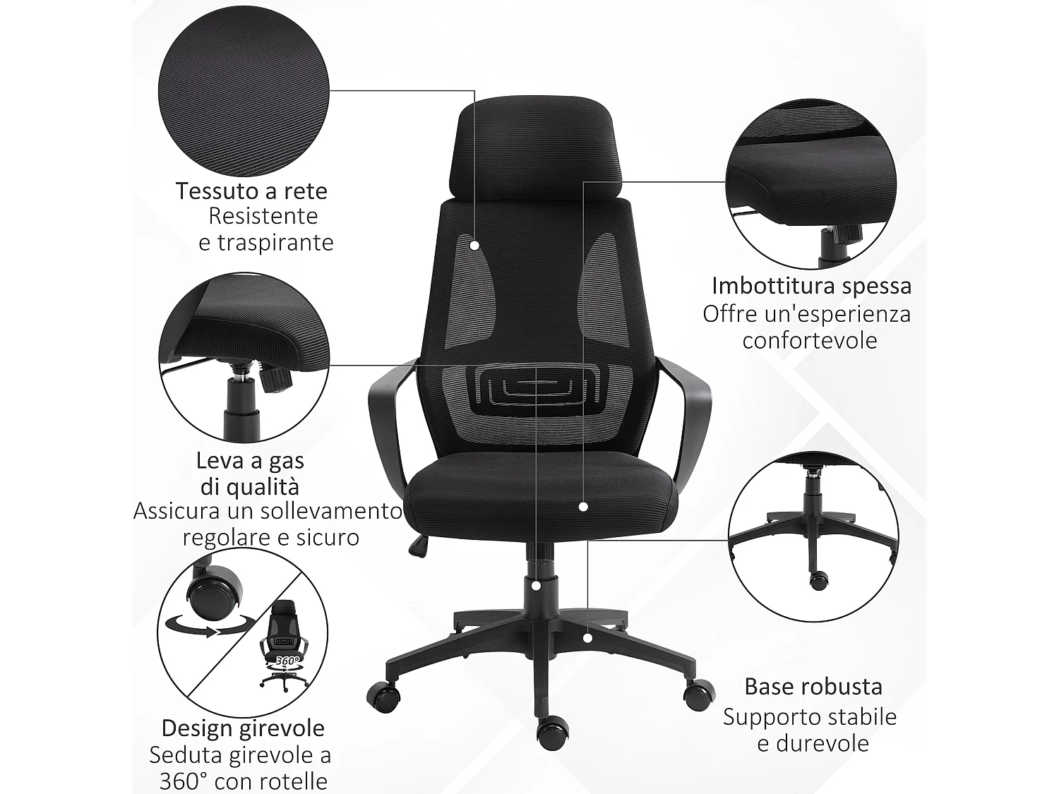 Sedia da ufficio reclinabile con poggiatesta e supporto lombare nero