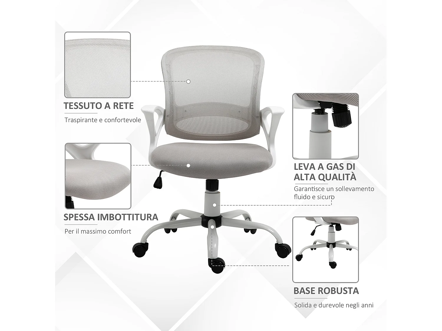 Sedia da ufficio girevole ergonomica in tessuto a rete grigio