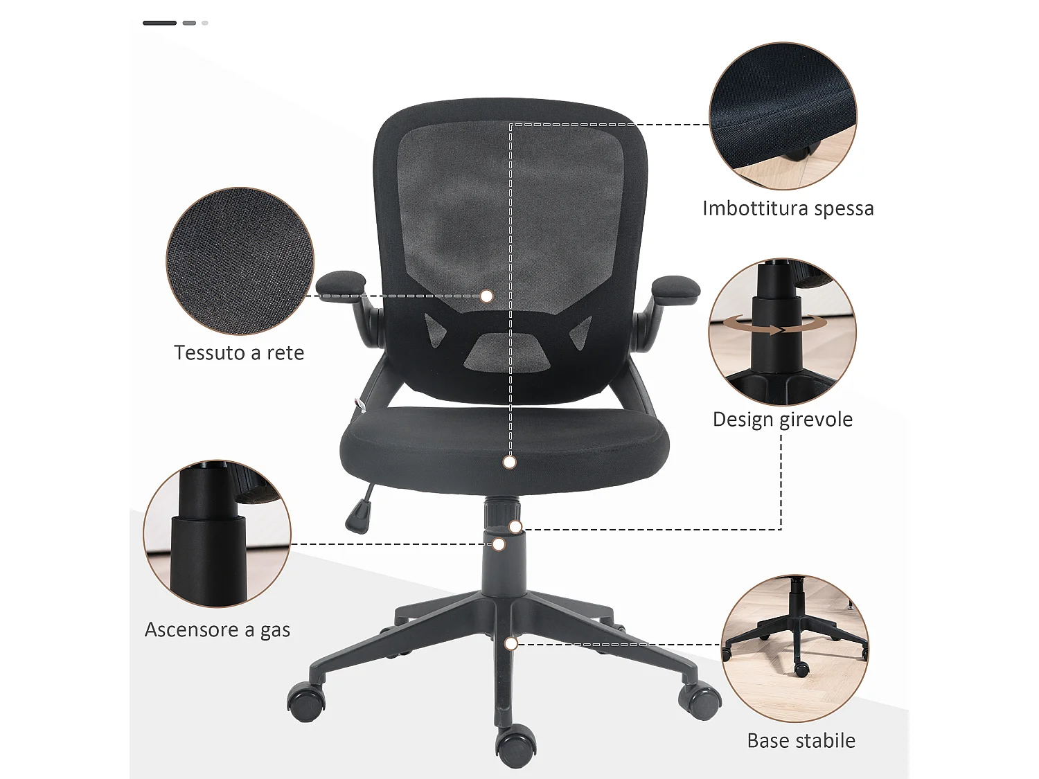 Sedia da ufficio ergonomica girevole e regolabile in tessuto nero