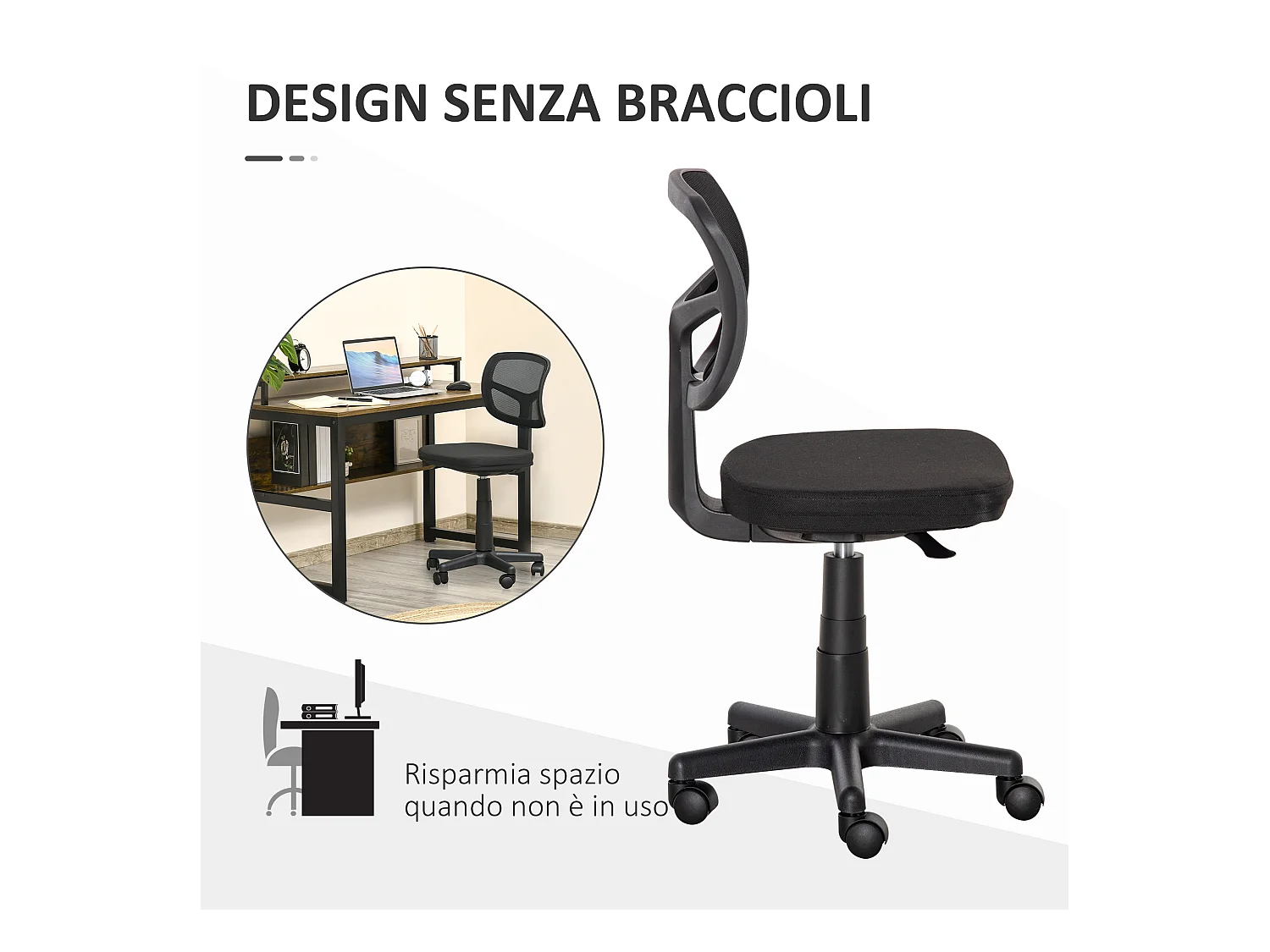 Sedia da ufficio ergonomica senza braccioli regolabile nero