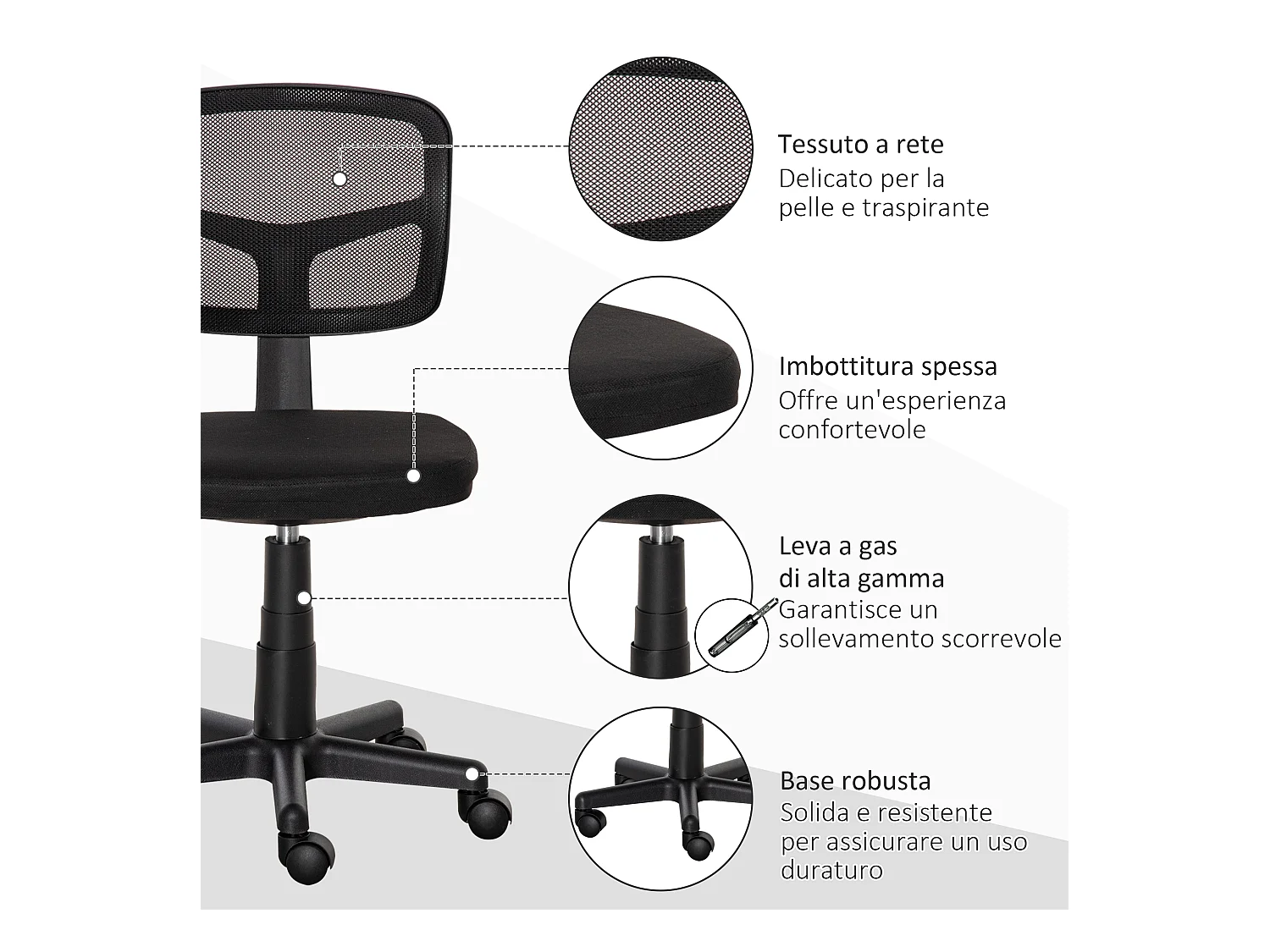 Sedia da ufficio ergonomica senza braccioli regolabile nero