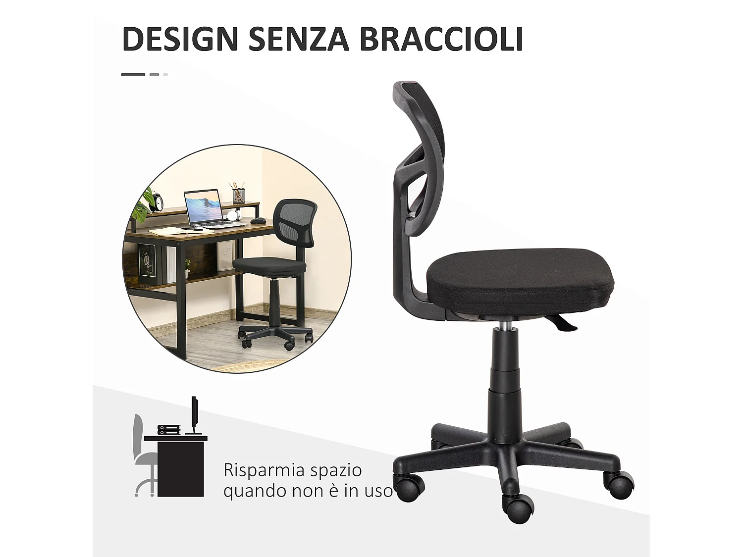 Sedia da ufficio ergonomica senza braccioli regolabile nero