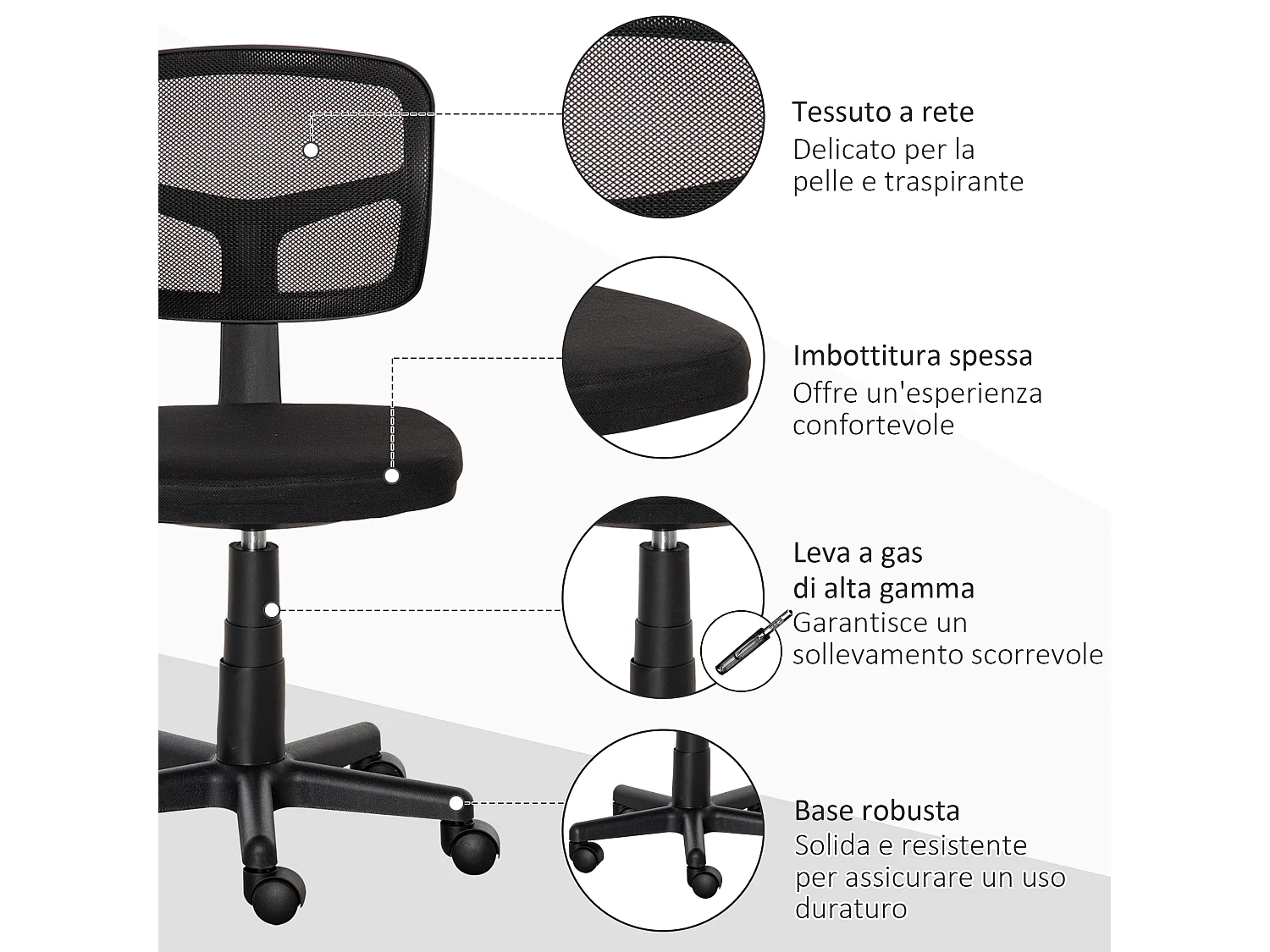 Sedia da ufficio ergonomica senza braccioli regolabile nero