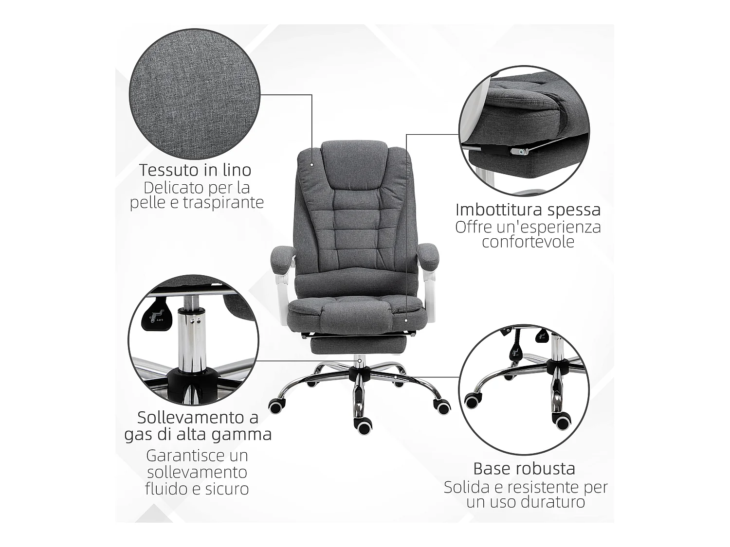 Sedia da ufficio reclinabile con poggiapiedi e schienale alto grigio