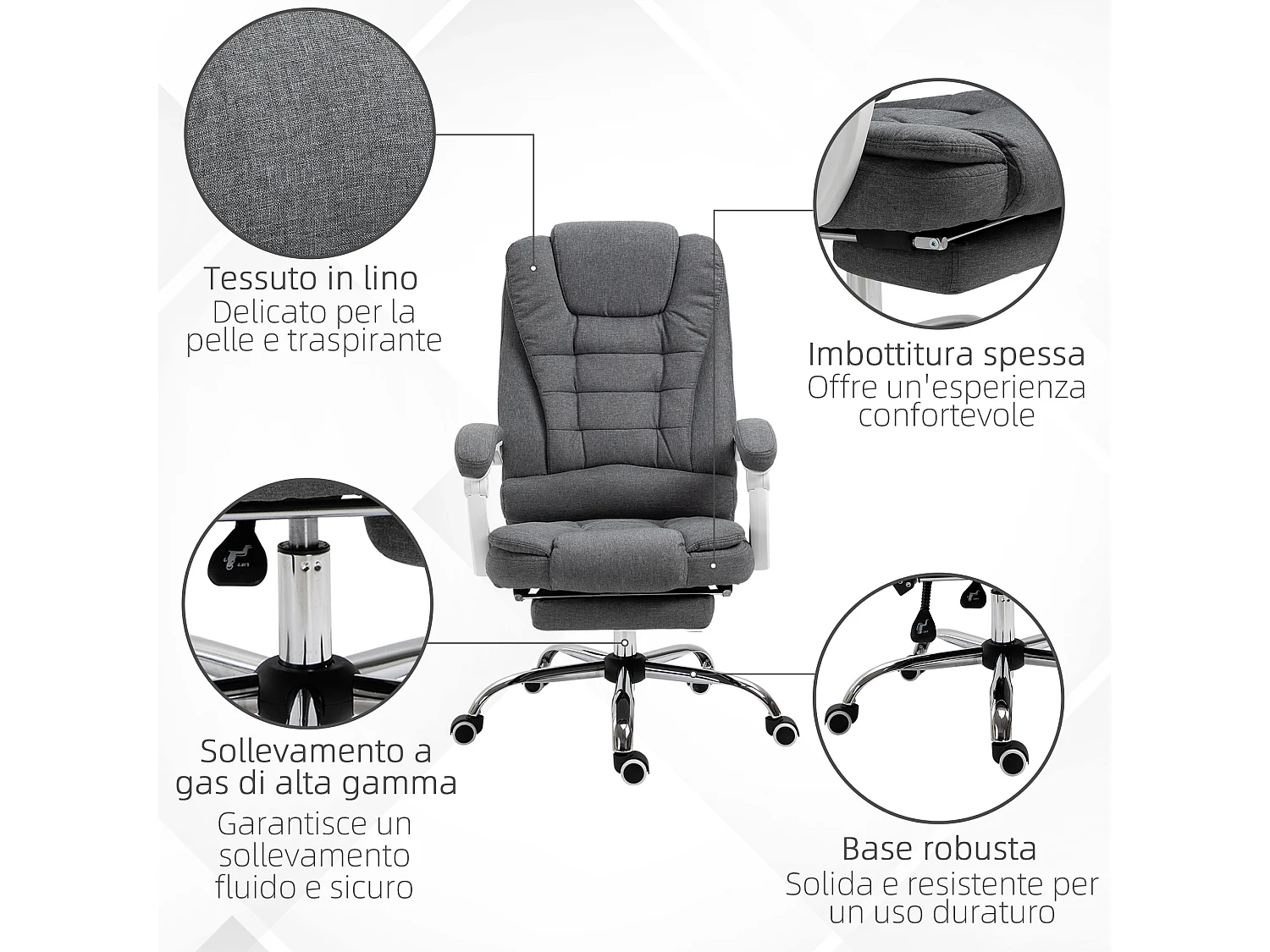 Sedia da ufficio reclinabile con poggiapiedi e schienale alto grigio